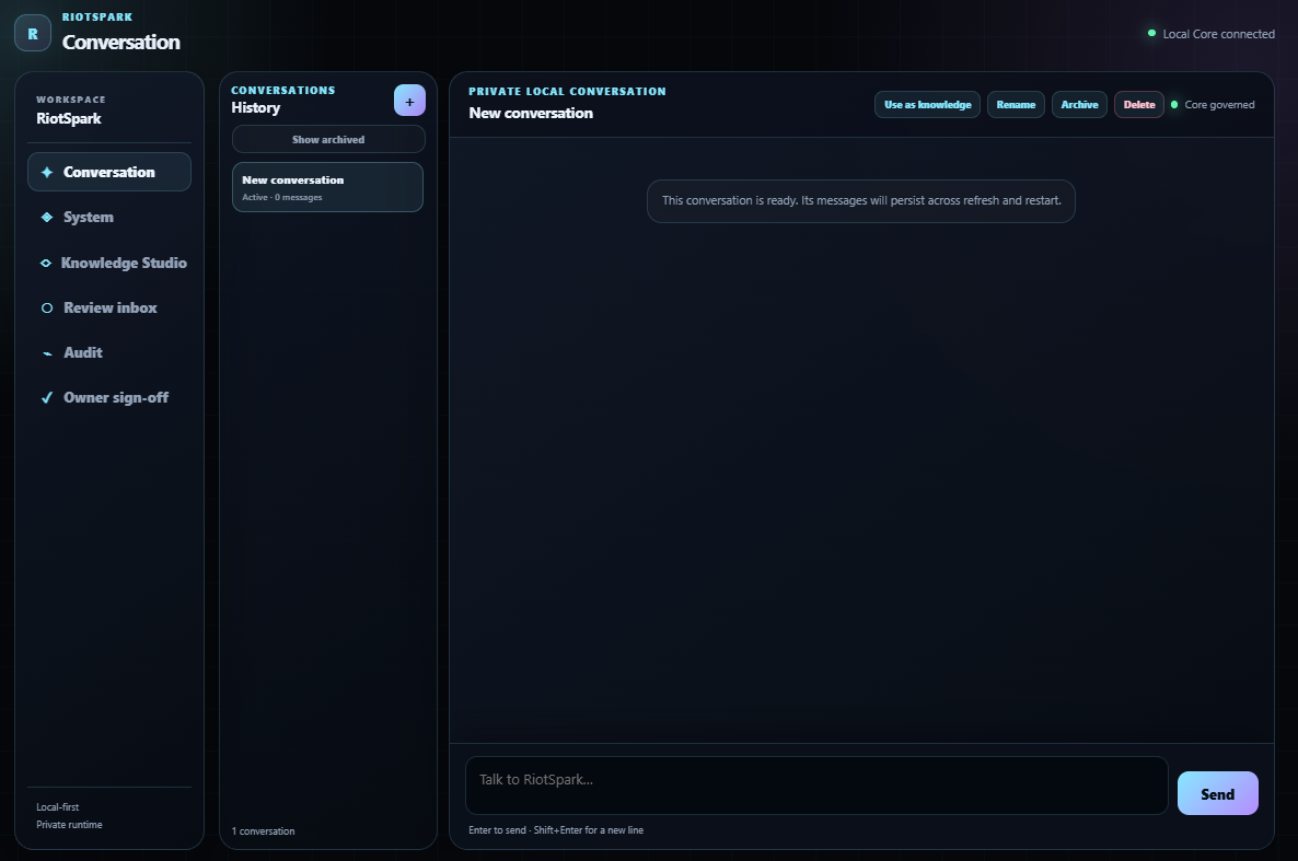 RiotSpark conversation workspace with persistent chat history, a message composer and owner controls.