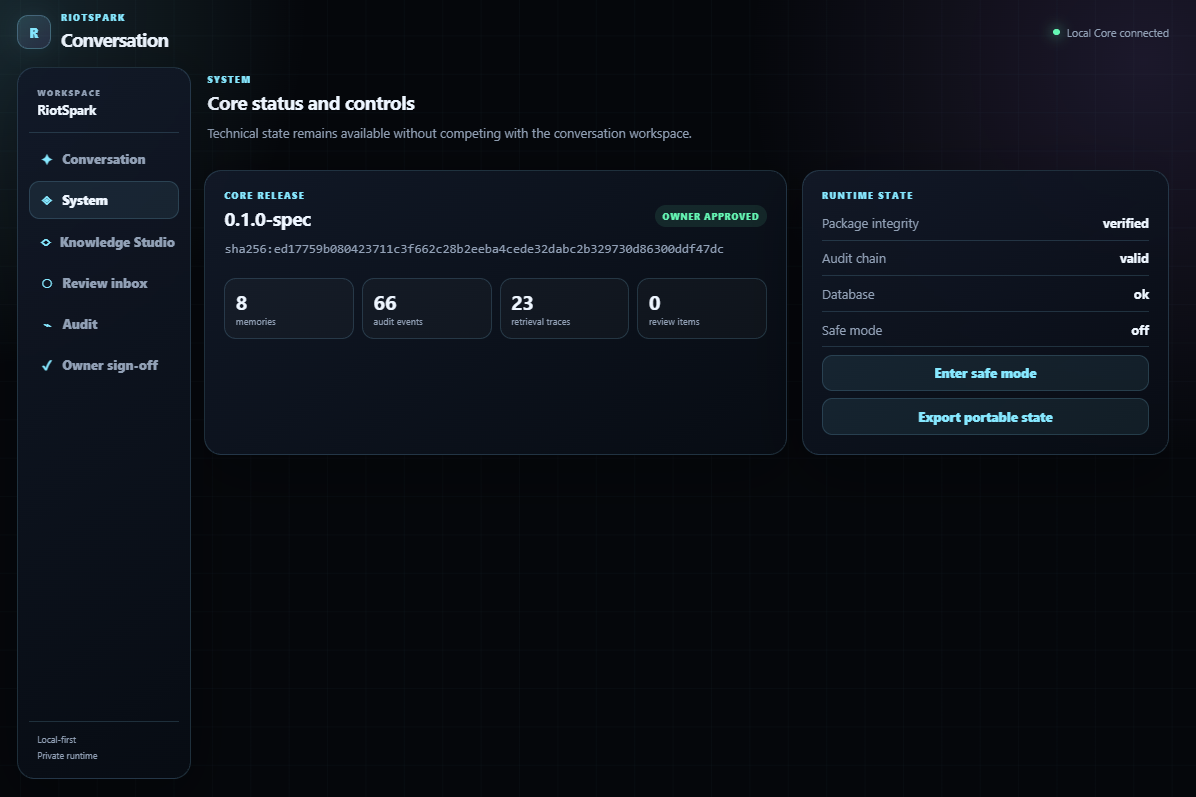 RiotSpark system screen showing Core release, package integrity, audit status, safe mode and portable state export.